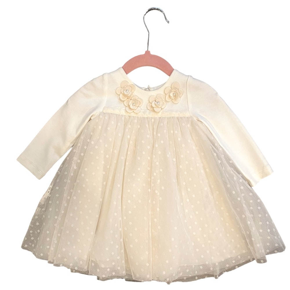 MONNALISA Cream Tulle Dress with Pearl Flowers 9 Months